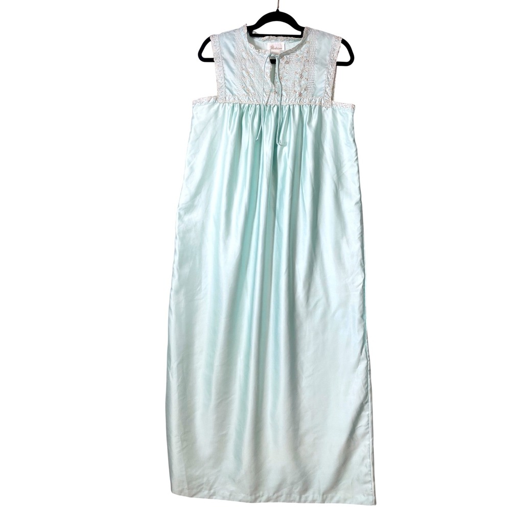 Vintage Barbizon‎ Mint Green Satin Maxi Nightgown Embroidered Lace Trim S
